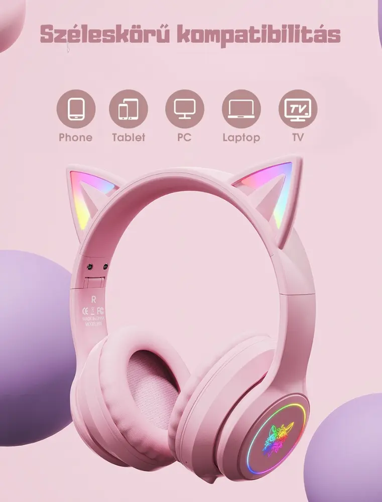Onikuma B90 Vezeték nélküli Gaming headset - Pink - Cicafüles – 6. kép