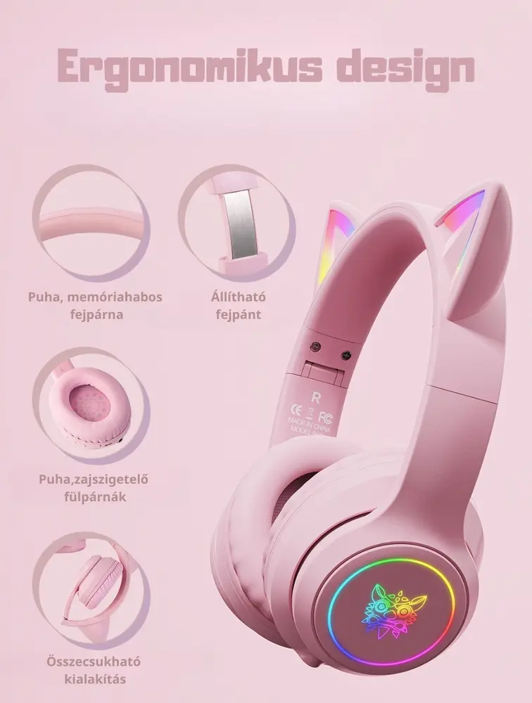 Onikuma B90 Vezeték nélküli Gaming headset - Pink - Cicafüles – 7. kép