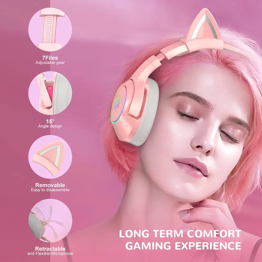Onikuma K9 RGB Gaming Fejhallgató - Pink - Cicafüles – 4. kép