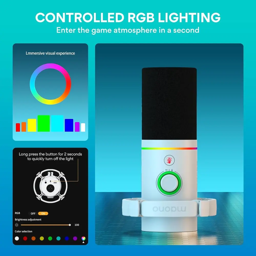 MAONO PD200X USB Dynamic Streamer/Podcast Mikrofon RGB - Fehér – 6. kép