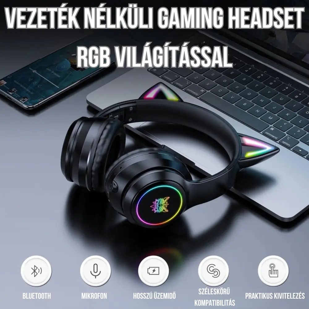 Onikuma B90 Vezeték nélküli Gaming headset - Fekete - Cicafüles – 8. kép