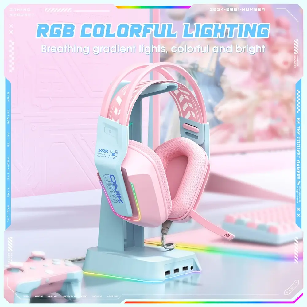Onikuma X13 Vezetékes Gamer Fejhallgató RGB világítással - Pink – 5. kép