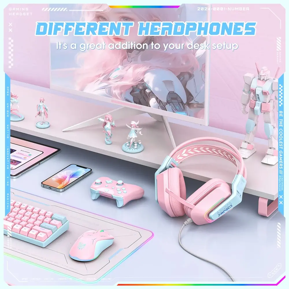 Onikuma X13 Vezetékes Gamer Fejhallgató RGB világítással - Pink – 6. kép