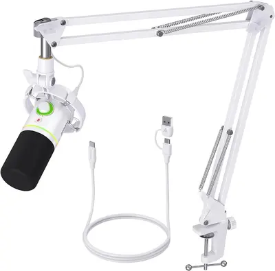 MAONO PD200XS USB Dynamic Streamer Mikrofon RGB + Tartókar Kit - Fehér