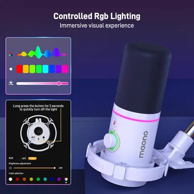 MAONO PD200XS USB Dynamic Streamer Mikrofon RGB + Tartókar Kit - Fehér – 2. kép