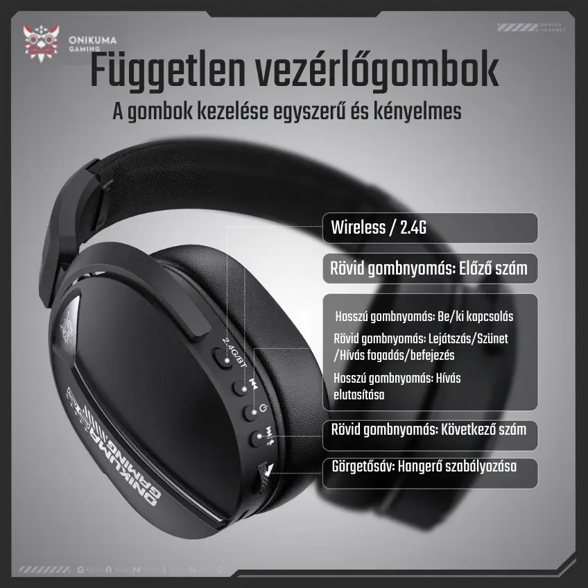 Onikuma GT887 4-Mode Vezeték Nélküli Gamer Headset - Fekete – 3. kép