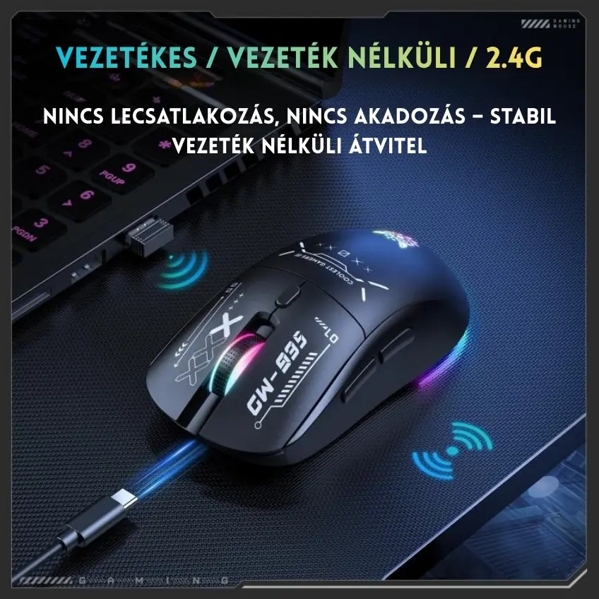 Onikuma CW935 Tri-Mode Vezeték Nélküli Gamer Egér - Fekete – 6. kép