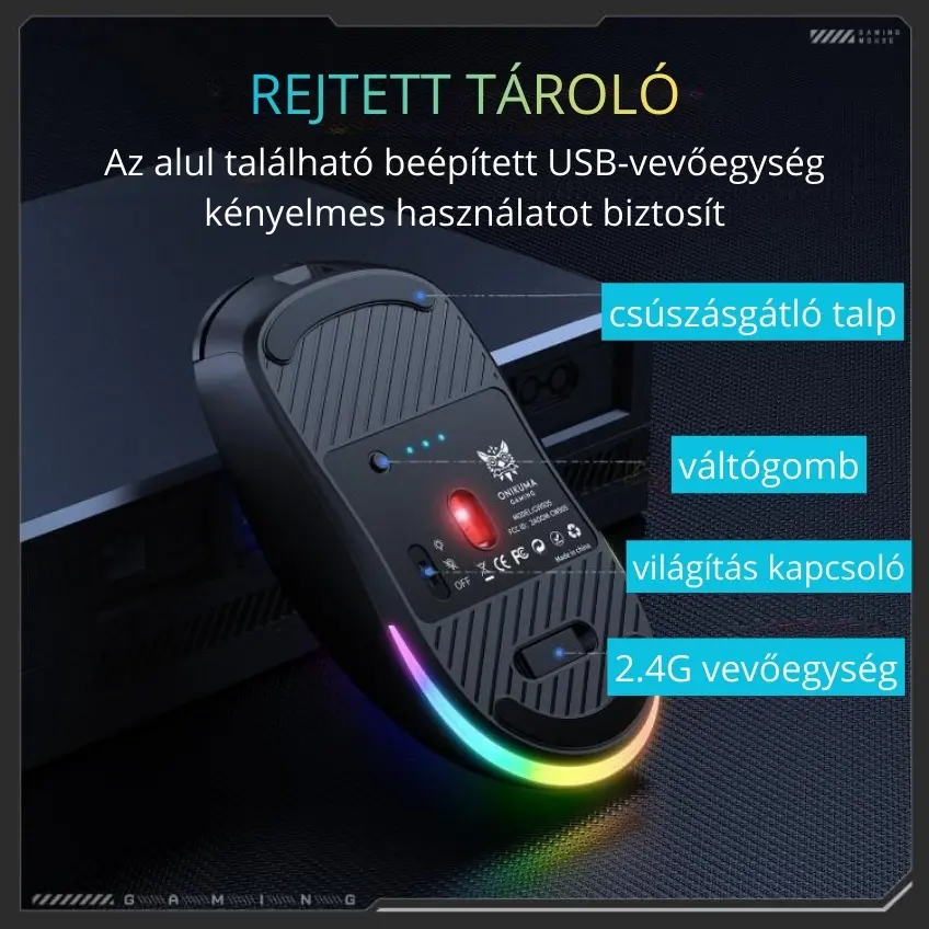 Onikuma CW935 Tri-Mode Vezeték Nélküli Gamer Egér - Fekete – 8. kép