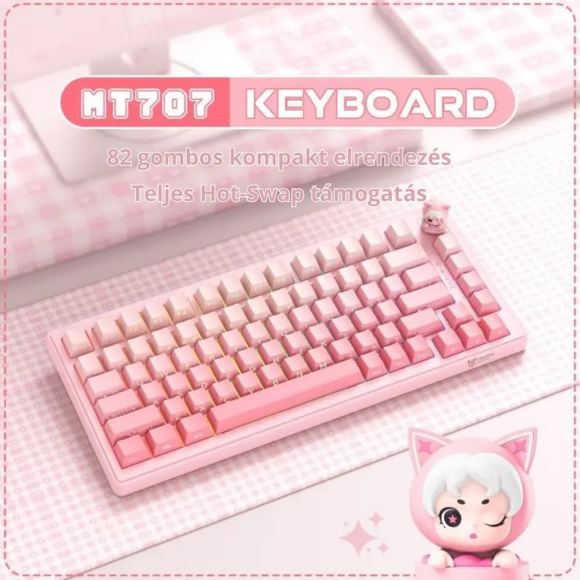 Onikuma MT707 Tri-Mode Vezeték Nélküli Mechanikus Gamer Billentyűzet - Pink – 3. kép