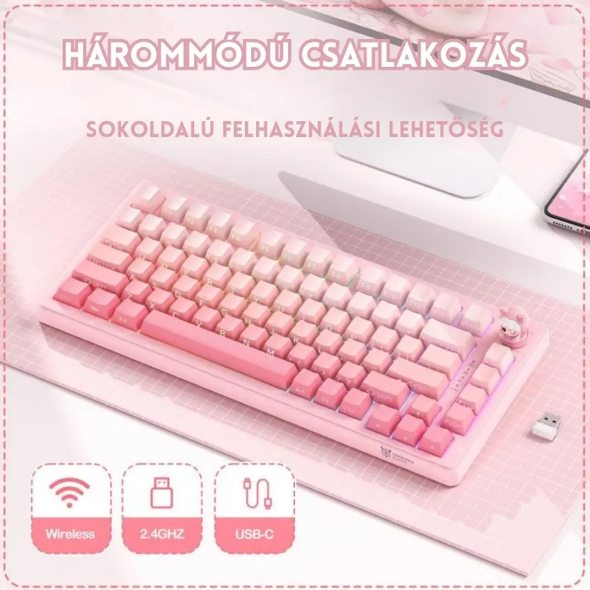 Onikuma MT707 Tri-Mode Vezeték Nélküli Mechanikus Gamer Billentyűzet - Pink – 6. kép