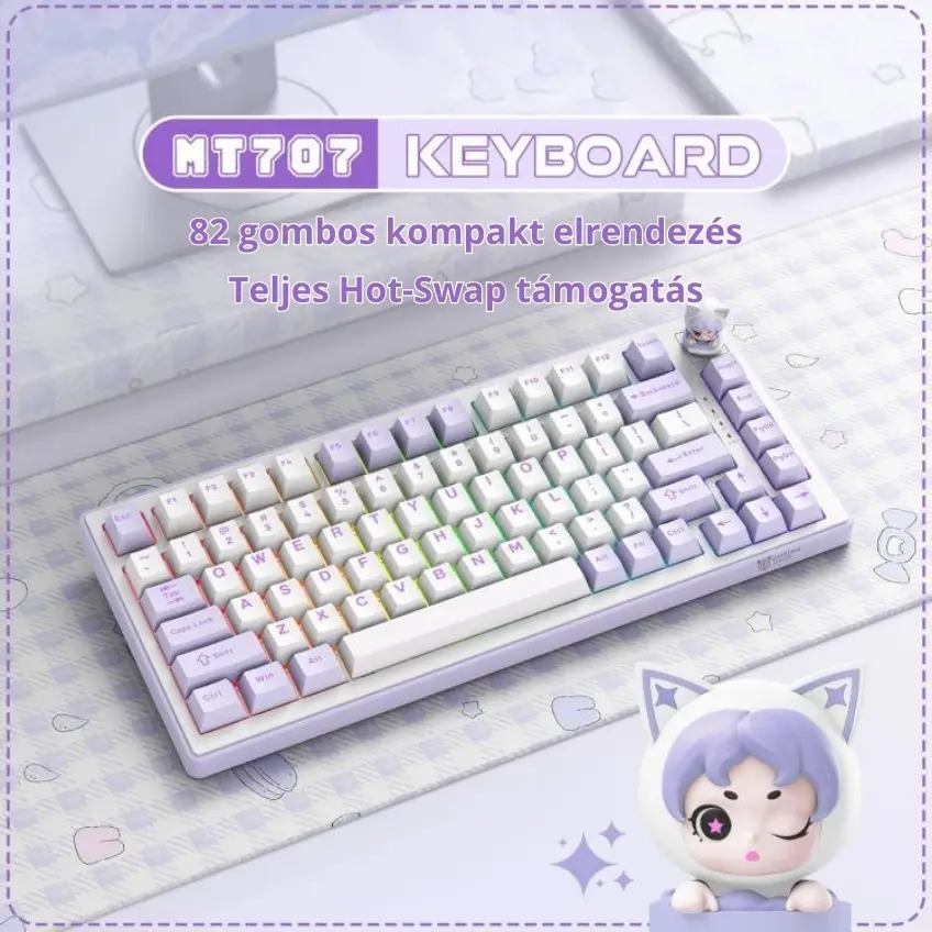 Onikuma MT707 Tri-Mode Vezeték Nélküli Mechanikus Gamer Billentyűzet - Lila – 3. kép