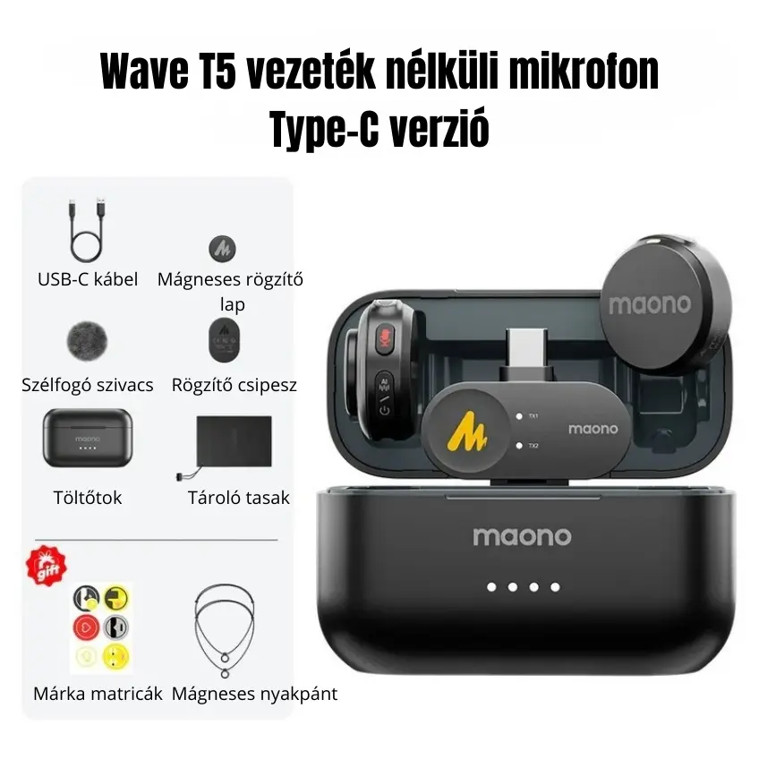 MAONO Wave T5 Csiptethető Vezeték Nélküli Zajszűrős Mikrofon Kit – 3. kép