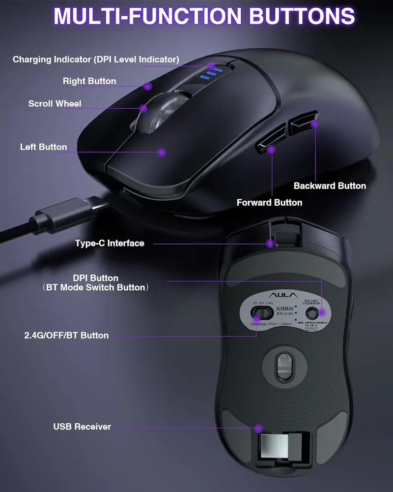 AULA SC580X Tri-Mode Vezeték Nélküli Gamer Egér - Fekete – 6. kép