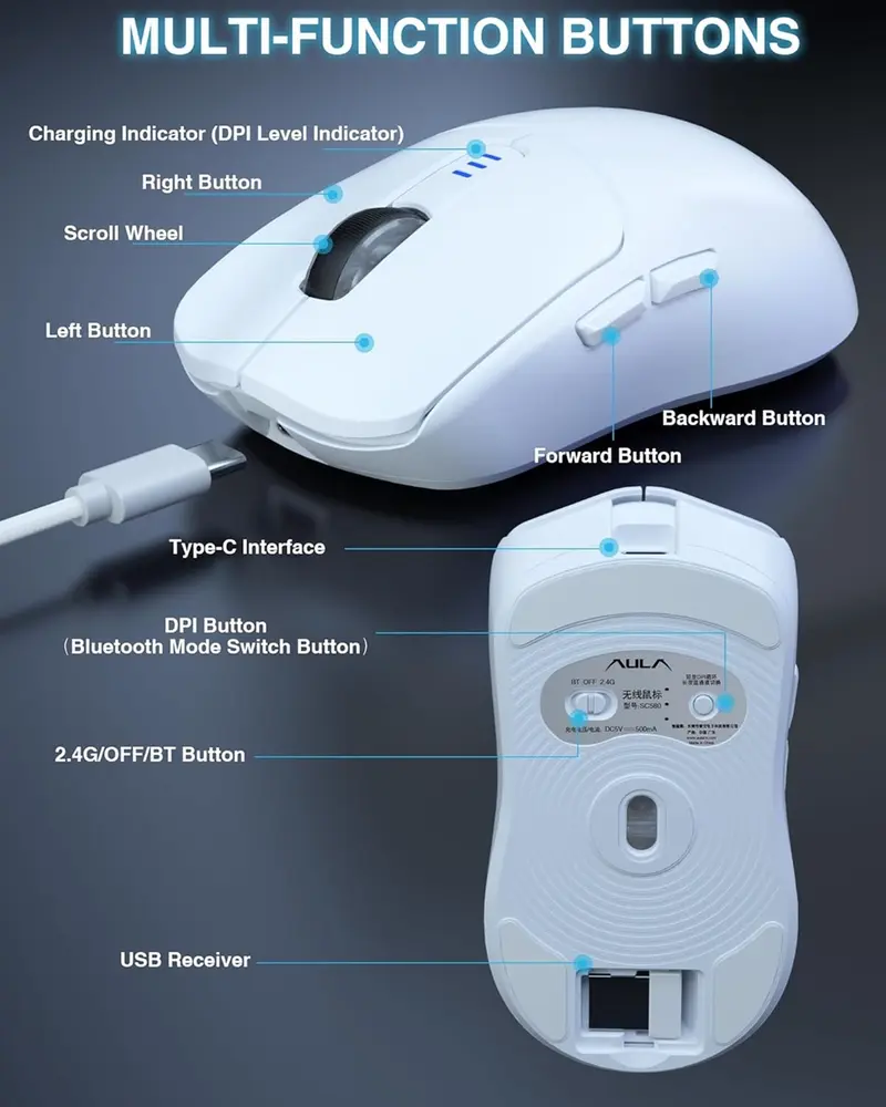 AULA SC580X Tri-Mode Vezeték Nélküli Gamer Egér - Fehér – 5. kép