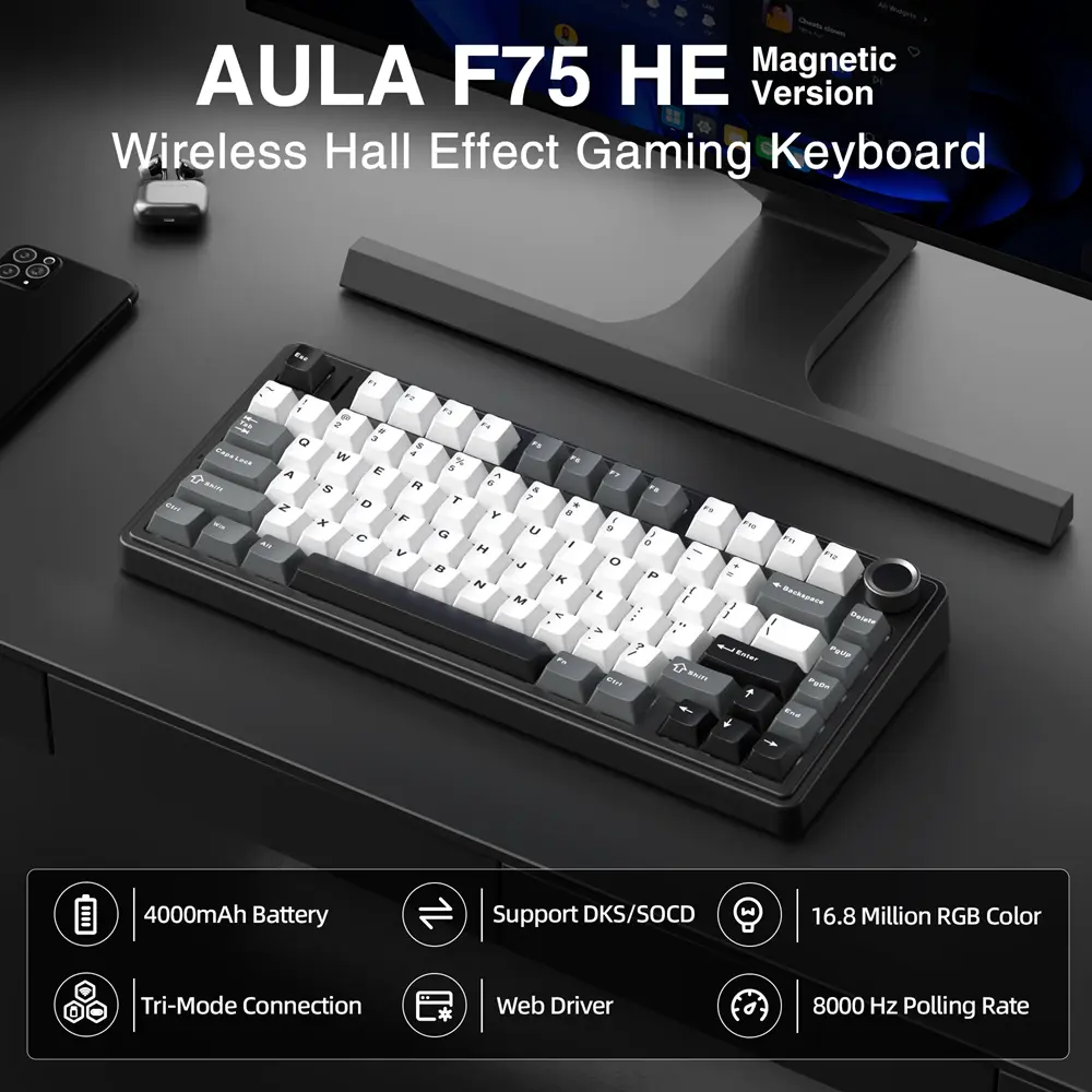 AULA F75 HE Tri-Mode Magnetic Switch Mechanikus Gamer Billentyűzet - Fekete-Szürke-Fehér – 3. kép