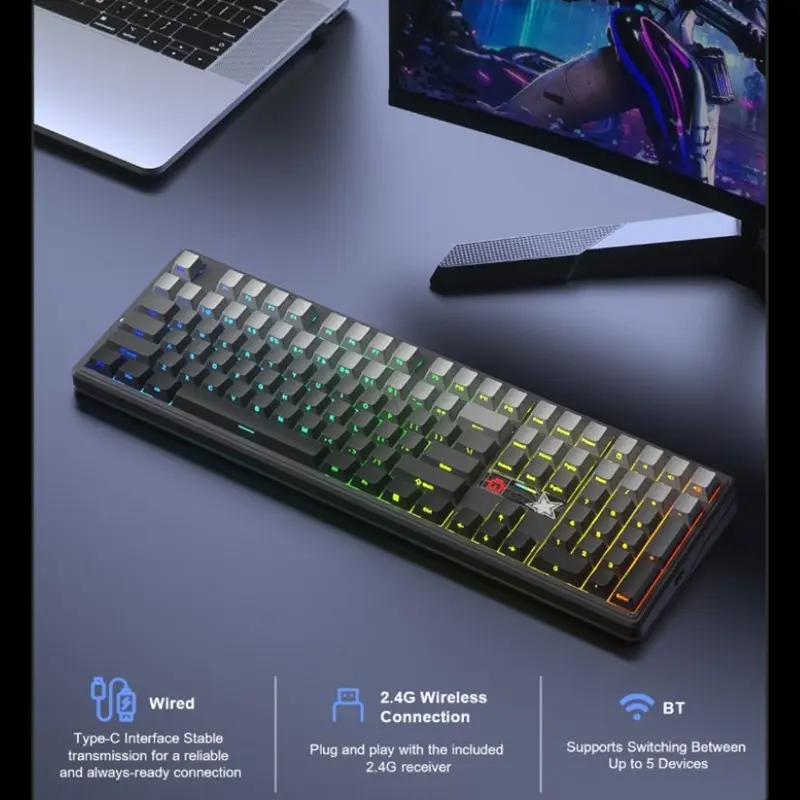 AULA F108 PRO V2 Tri-Mode Vezeték Nélküli Mechanikus Gamer Billentyűzet - Szürke – 2. kép