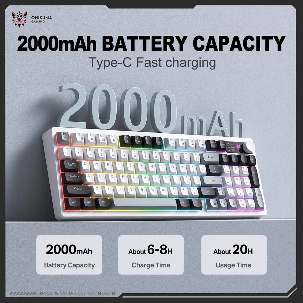 Onikuma MT902 Tri-Mode Vezeték Nélküli Gamer Billentyűzet - Fehér – 6. kép