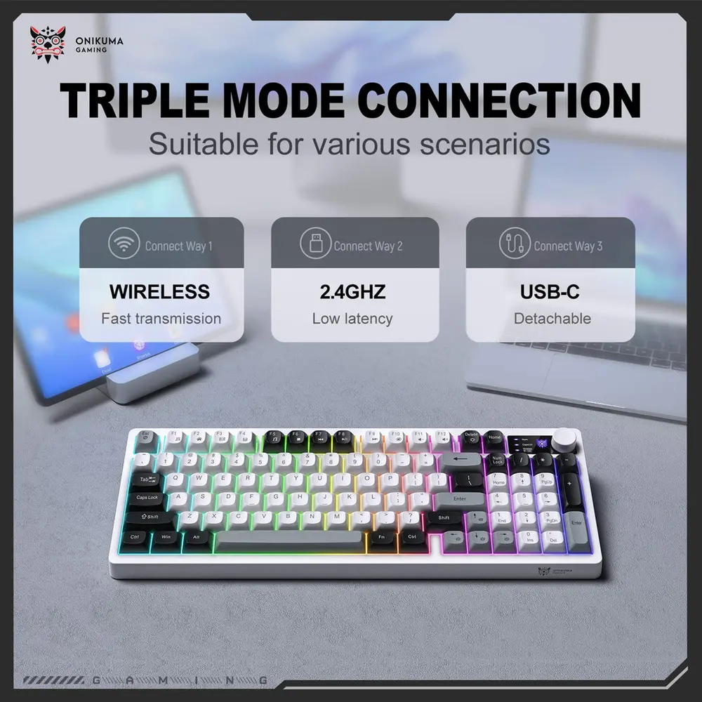 Onikuma MT902 Tri-Mode Vezeték Nélküli Gamer Billentyűzet - Fehér – 7. kép