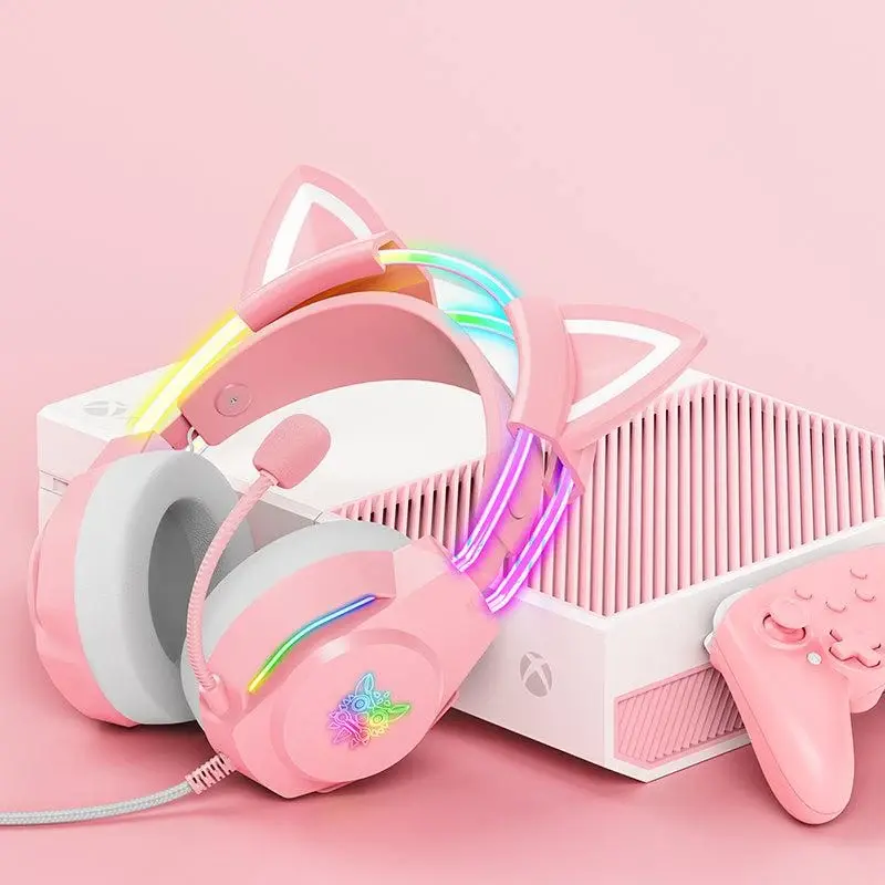 Onikuma X26 RGB cicafüles vezetékes gamer headset, pink – 4. kép
