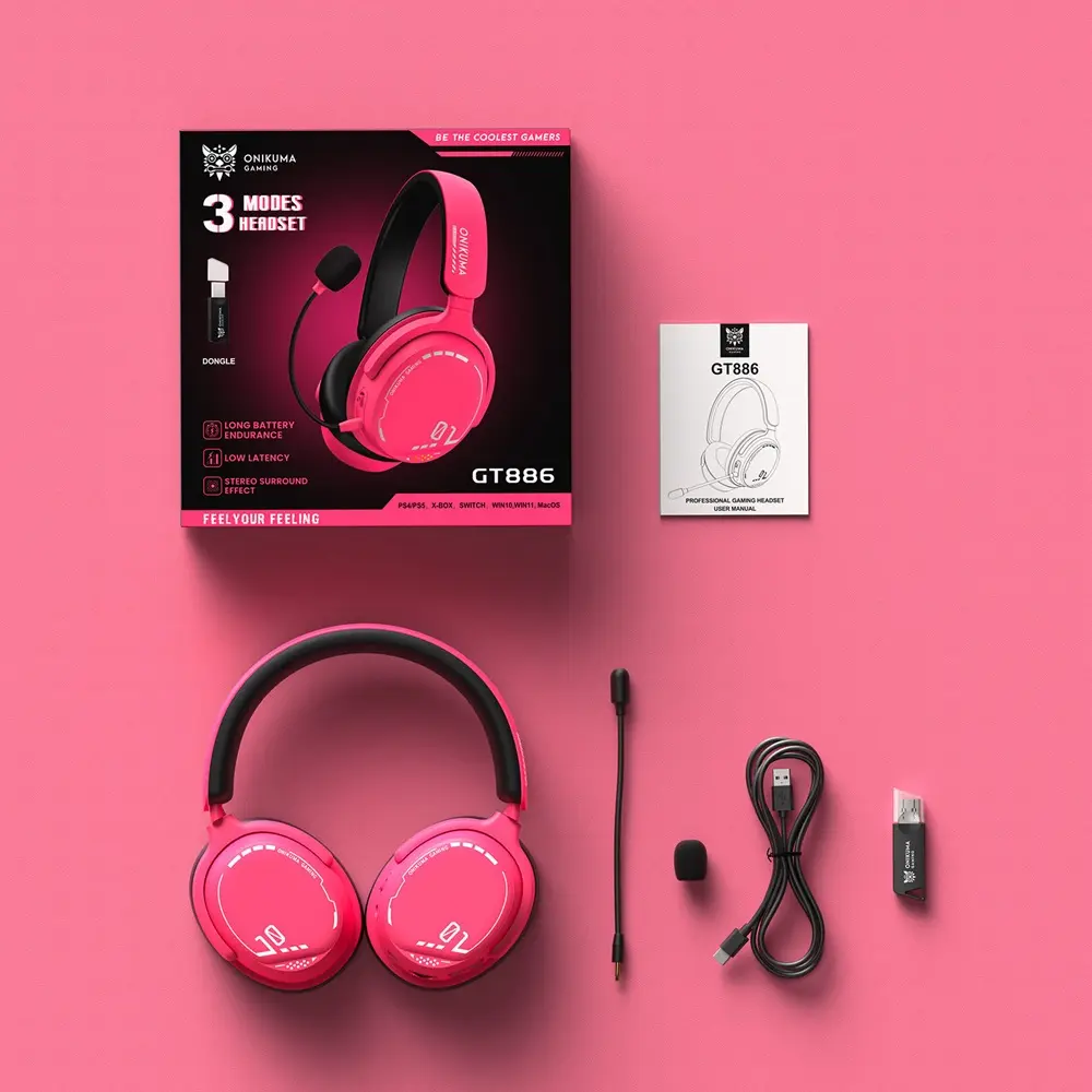 Onikuma GT886 Tri-Mode Vezeték Nélküli Gamer Headset - Pink – 6. kép