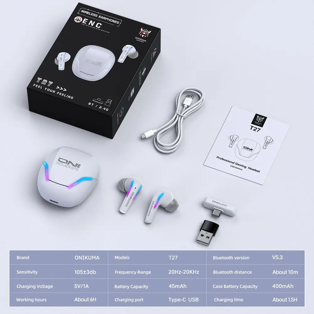 Onikuma T27 2,4 GHz és Bluetooth 5.3 TWS gamer fülhallgató, fehér – 6. kép
