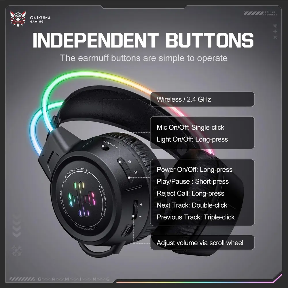 Onikuma GT889 3-Mode vezeték nélküli gamer headset, fekete – 7. kép