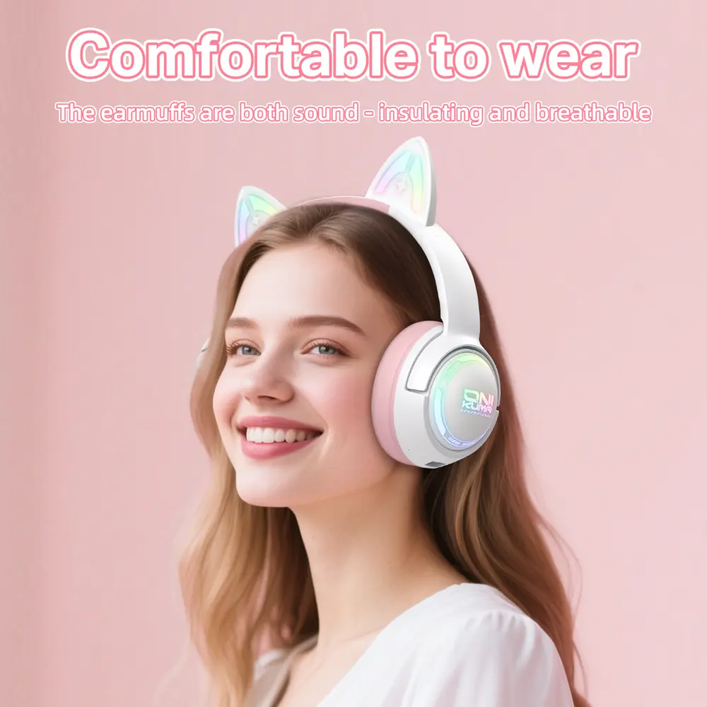 Onikuma GT838 vezeték nélküli cicafüles gamer headset, fehér-pink – 6. kép