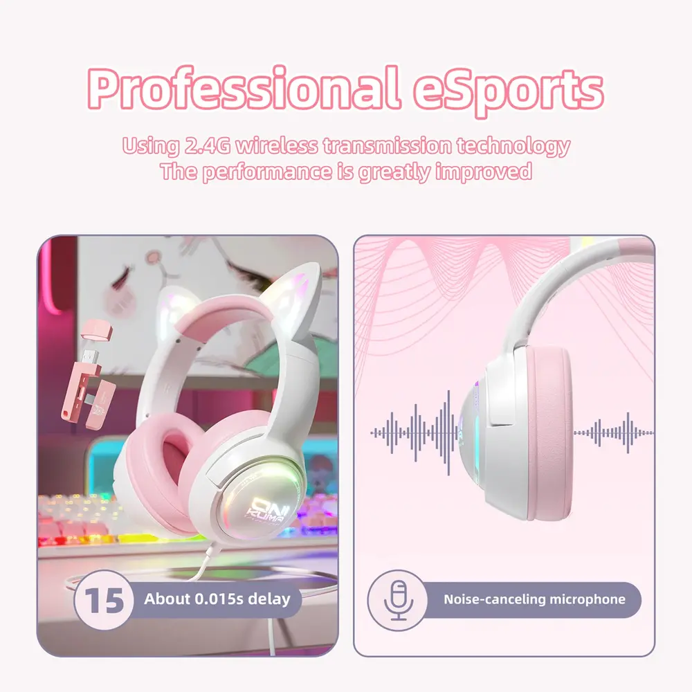 Onikuma GT838 vezeték nélküli cicafüles gamer headset, fehér-pink – 7. kép
