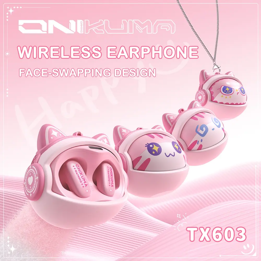Onikuma TX603 Bluetooth 5.3 TWS gamer fülhallgató cserélhető cicás tokkal, pink – 6. kép