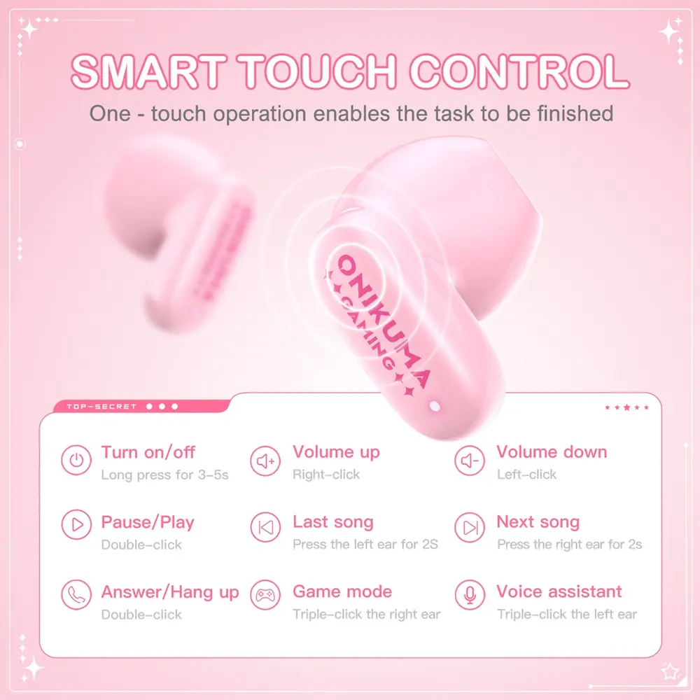 Onikuma TX603 Bluetooth 5.3 TWS gamer fülhallgató cserélhető cicás tokkal, pink – 7. kép