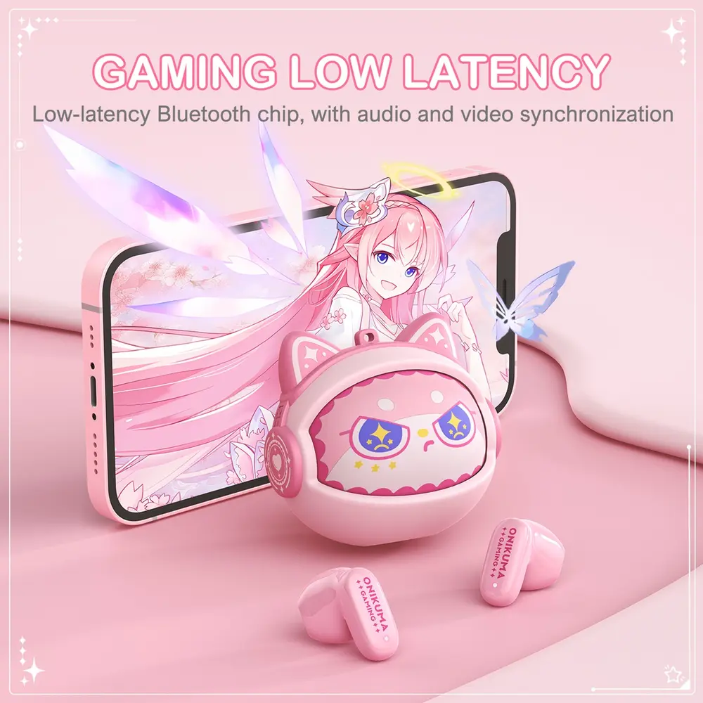Onikuma TX603 Bluetooth 5.3 TWS gamer fülhallgató cserélhető cicás tokkal, pink – 8. kép
