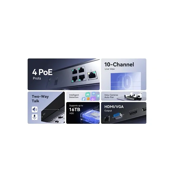 Imou NVR rögzítő - NVR-N110P4-8A0E-P (10 csatorna, 4port PoE; H265, HDMI, VGA, USB, 1x Sata (16TB), Onvif; Hangsz; Mikr) – 2. kép