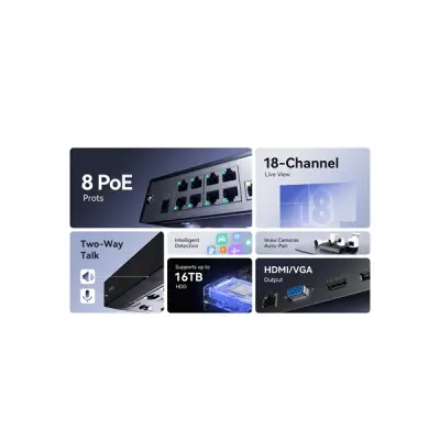 Imou NVR rögzítő - NVR-N118P8-8A0E-P (18 csatorna, 8port PoE; H265, HDMI, VGA, USB, 1x Sata (16TB), Onvif; Hangsz; Mikr) – 2. kép