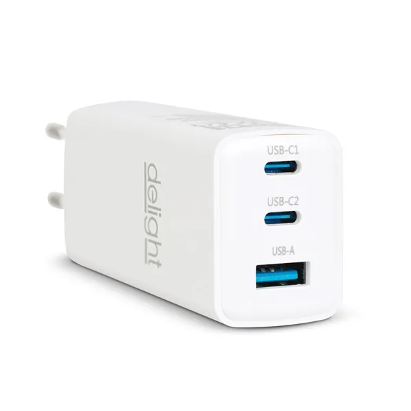 Delight USB-A 20W + Type-C (USB-C) PD45W adapter 65W (55042), DC 5-20V, gyorstöltéssel, fehér