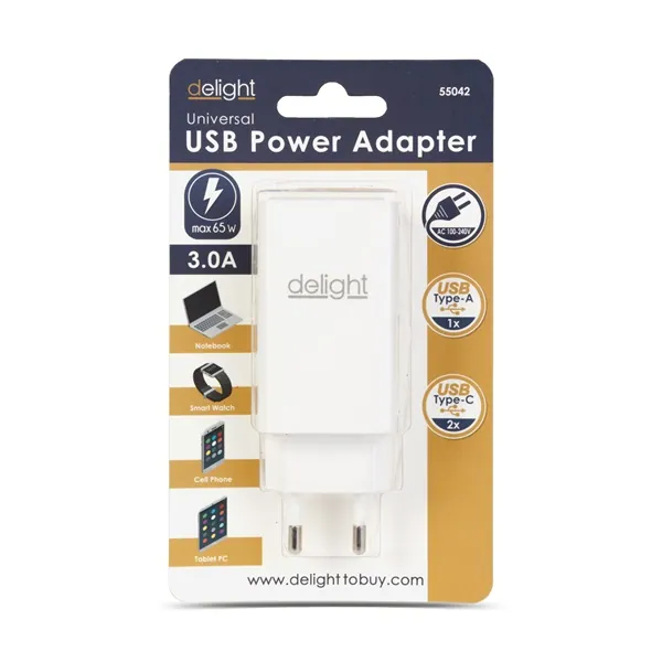 Delight USB-A 20W + Type-C (USB-C) PD45W adapter 65W (55042), DC 5-20V, gyorstöltéssel, fehér – 3. kép
