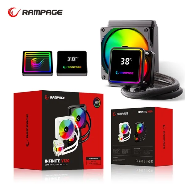Rampage CPU Water Cooler - INFINITE V120 (Mágneses kijelző, 36,9dB max., 98,54 m3/h; 12cm, A-RGB LED, fekete) – 3. kép