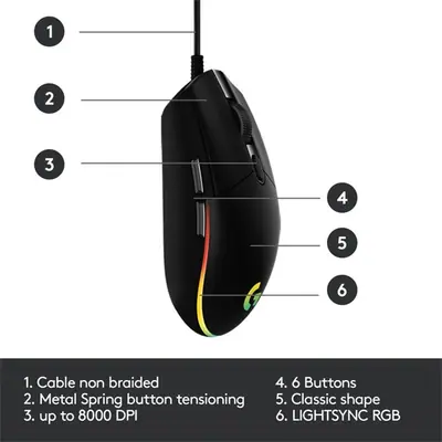 Logitech Egér - G203 Lightsync (Vezetékes, Gaming, Optikai, USB, 8000 DPI, fekete) – 2. kép
