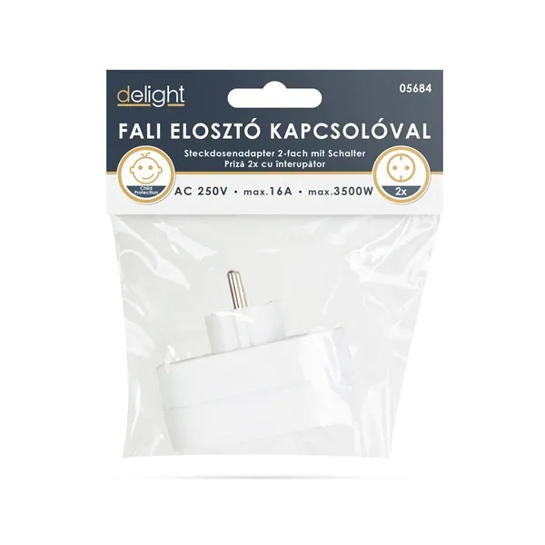 Delight 2-as fali elosztó, kapcsolóval, földelt, gyerekvédelemmel – 3. kép
