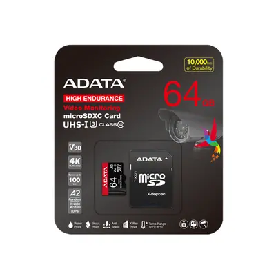 ADATA MicroSD kártya - 64GB microSDXC UHS-I U3 Class10 A2 V30S High Endurance (R/W: 100/80 MB/s, 24/7 record) + adapter – 2. kép
