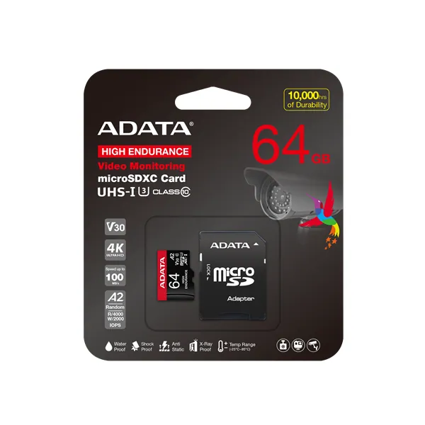 ADATA MicroSD kártya - 64GB microSDXC UHS-I U3 Class10 A2 V30S High Endurance (R/W: 100/80 MB/s, 24/7 record) + adapter – 2. kép
