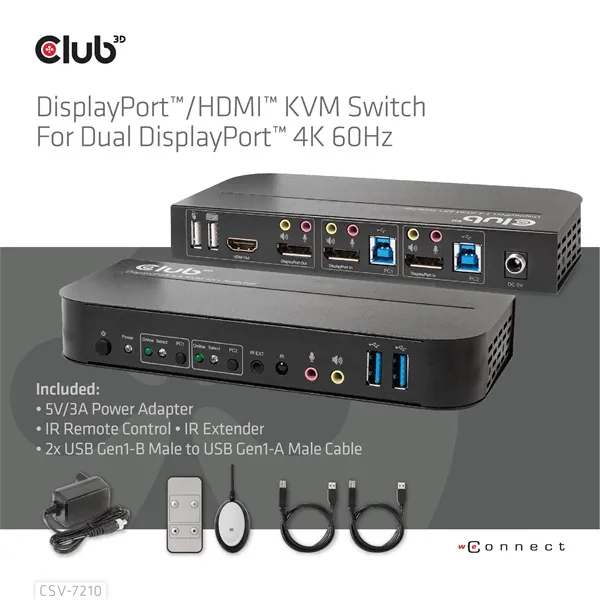 Club 3D KVM Switch - CSV-7210 (Dual DisplayPort, 4K60Hz, HDMI, KVM, IR távirányító) – 6. kép