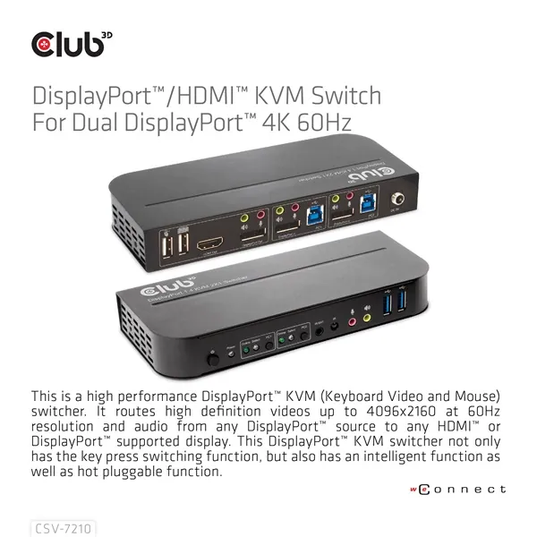 Club 3D KVM Switch - CSV-7210 (Dual DisplayPort, 4K60Hz, HDMI, KVM, IR távirányító) – 7. kép