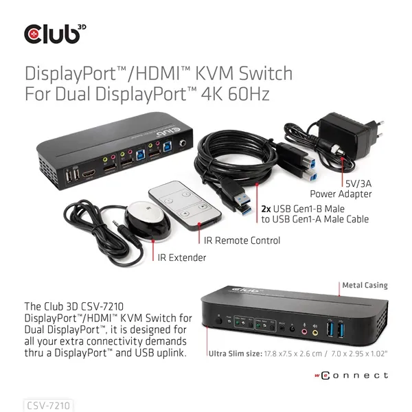 Club 3D KVM Switch - CSV-7210 (Dual DisplayPort, 4K60Hz, HDMI, KVM, IR távirányító) – 8. kép
