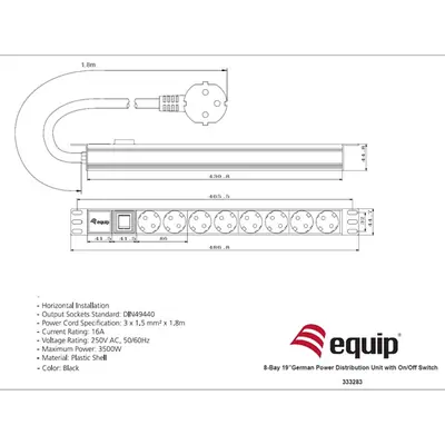Equip Hálózati Elosztó - 333283 (Schuko, 8 Schuko, Rack 1U, 1,8m kábel, fekete) – 2. kép