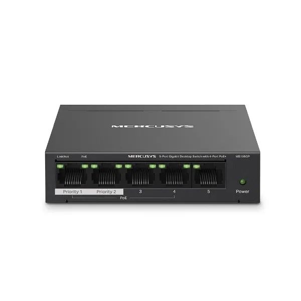Mercusys Switch PoE - MS105GP (5 port 1Gbps; 4 af/at PoE+ port; 65W; 250m; fém ház)