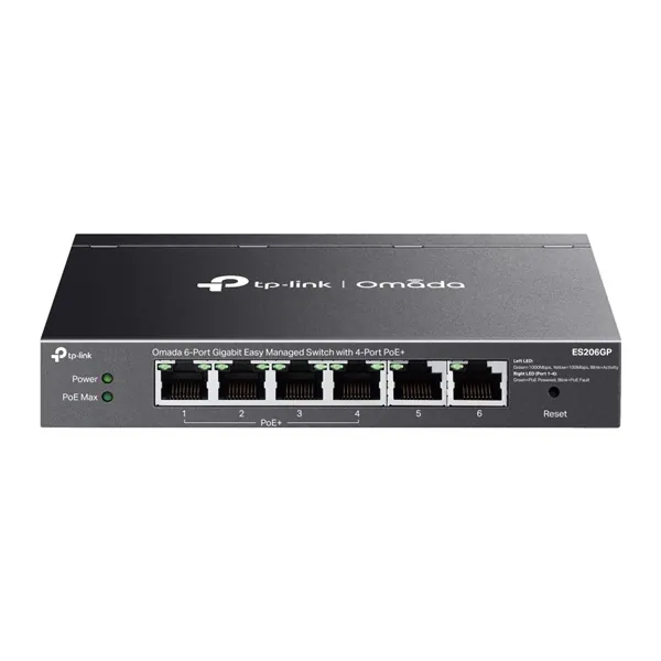 TP-Link Switch Menedzselhető PoE - ES206GP (Omada; 6x 1Gbps; 4x af/at PoE+ port; 65W)