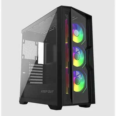 KEEP OUT Számítógépház - XC-500 GLASS (fekete, ablakos, 3x12cm ARGB venti, EATX, microATX, 2xUSB2.0, 1xUSB3.0)