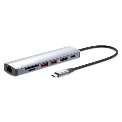 Manhattan USB HUB - USB-C PD 7-in-1 Type-C HDMI, 2db USB-A Ports, USB-C Power PD(100W), Gigabit RJ45 Port ésSD/microSD