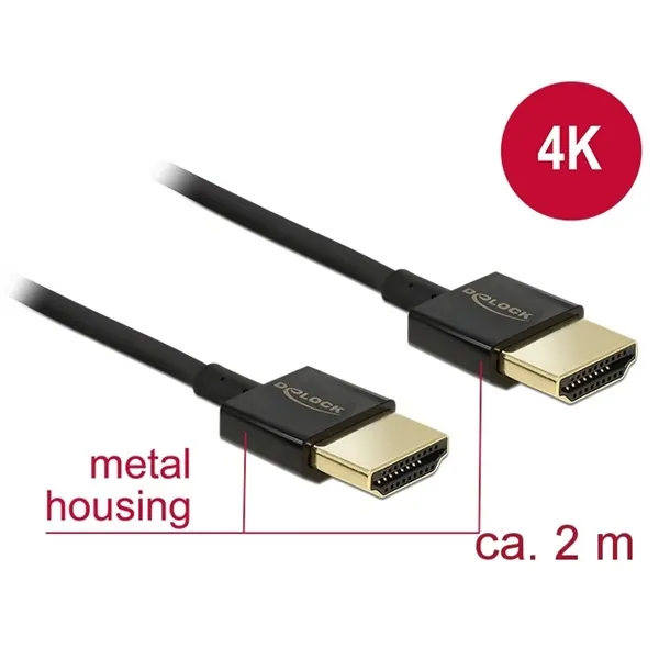 Delock HDMI 2.0 M/M video jelkábel 2m fekete slim premium 4K 60Hz