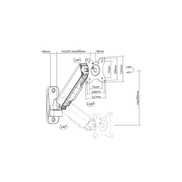 Equip Monitor Fali konzol - 650136 (17"-32",1 monitor, dönthető, forgatható, állítható magasság, Max.: 9kg, fekete) – 8. kép